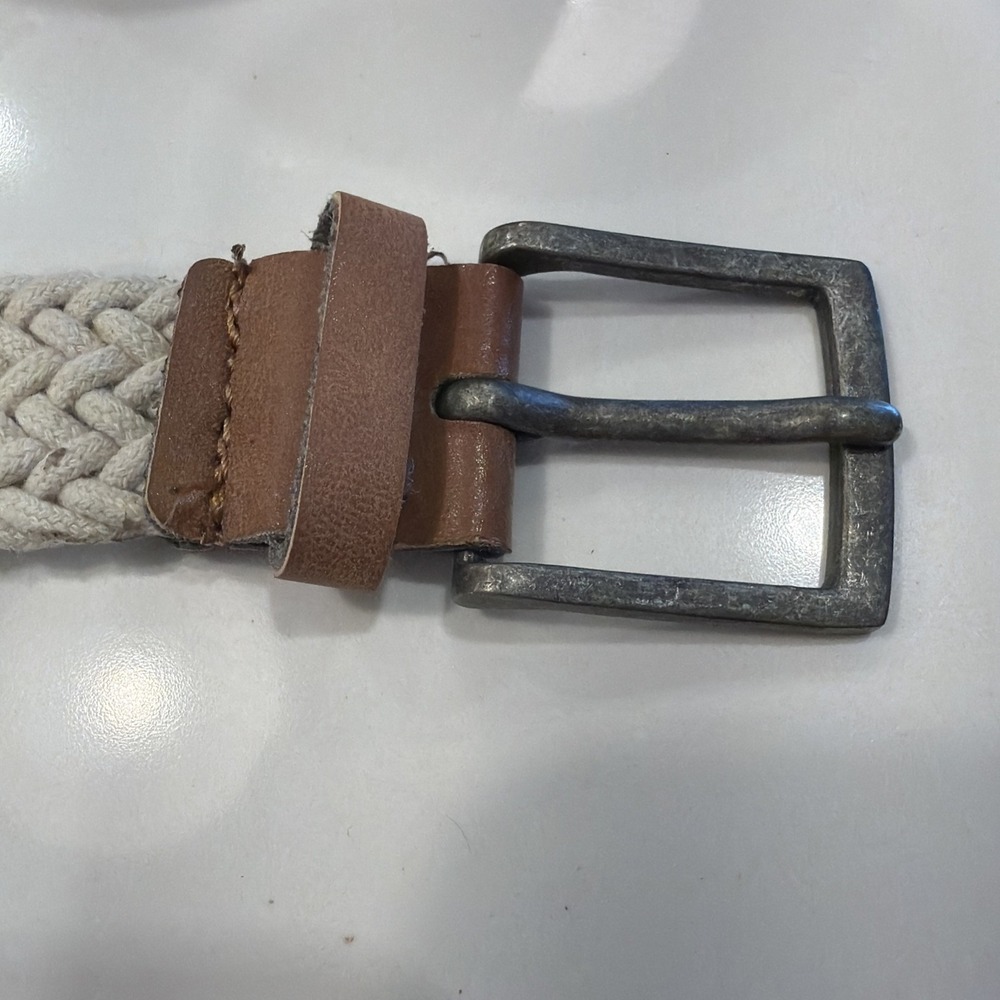 Women's White Braided Nylon Belt Leather Ends Distressed Buckle Large EUC